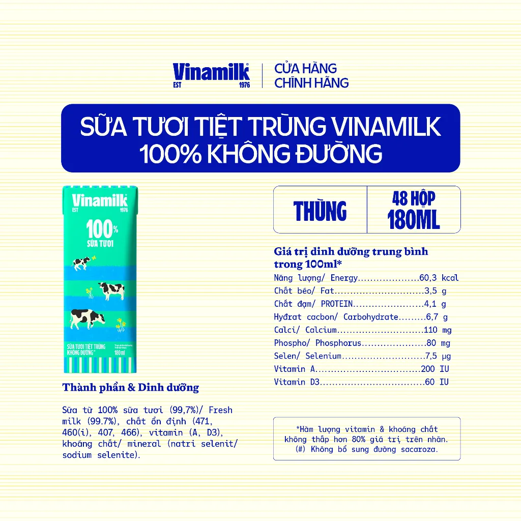 Ảnh Thùng 48 Hộp Sữa tươi tiệt trùng Vinamilk 100% Không Đường 180ml [CẬN DATE] 3