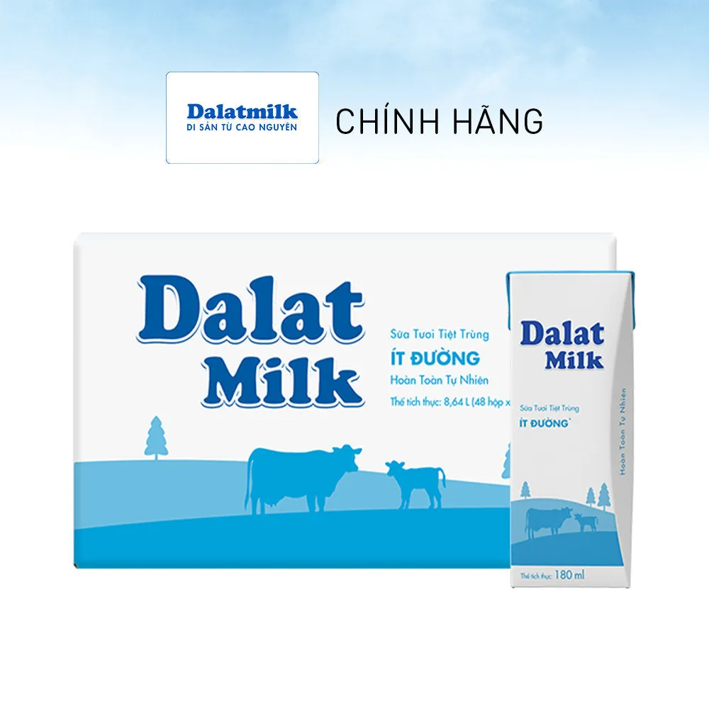 Ảnh Thùng 48 hộp sữa tươi tiệt trùng Dalatmilk ít đường 180 ml (180 ml x 48) 1
