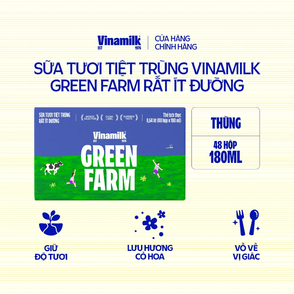Ảnh Thùng 48 Hộp Sữa Tươi Tiệt Trùng Vinamilk Green Farm Rất ít đường - Lốc 4 Hộp 180ml 1