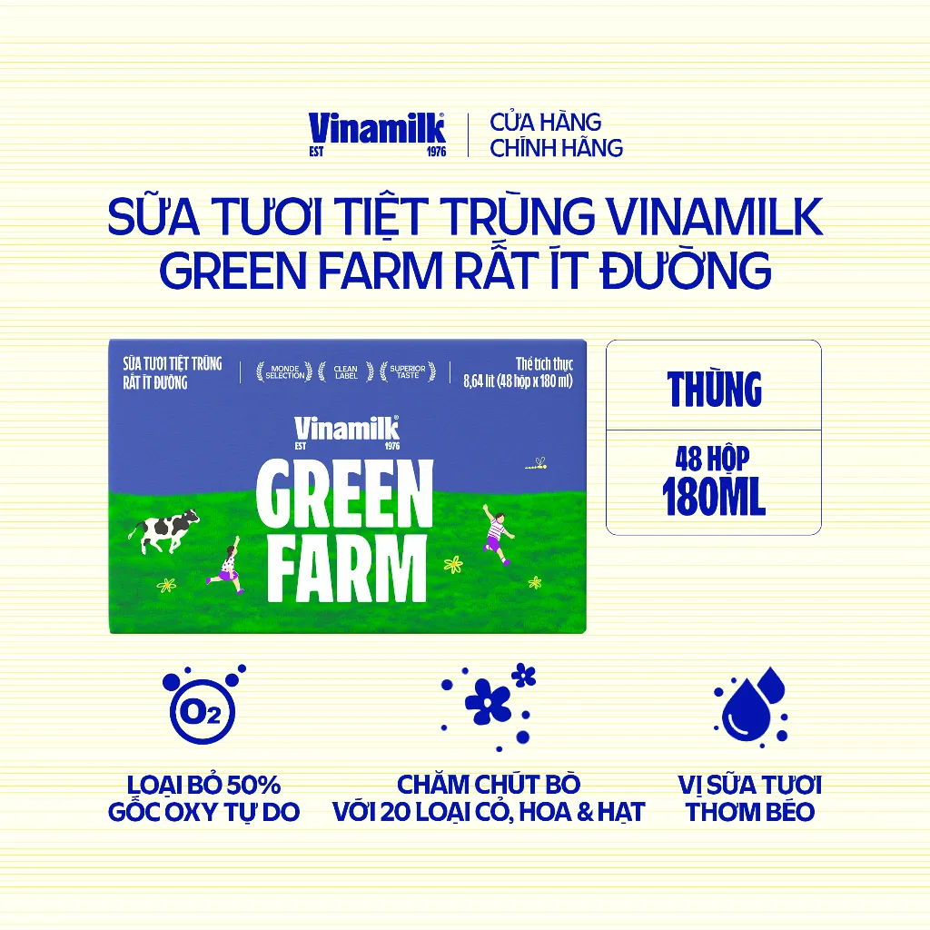 Ảnh Thùng 48 Hộp Sữa Tươi Tiệt Trùng Vinamilk Green Farm Rất ít đường - Lốc 4 Hộp 180ml 2