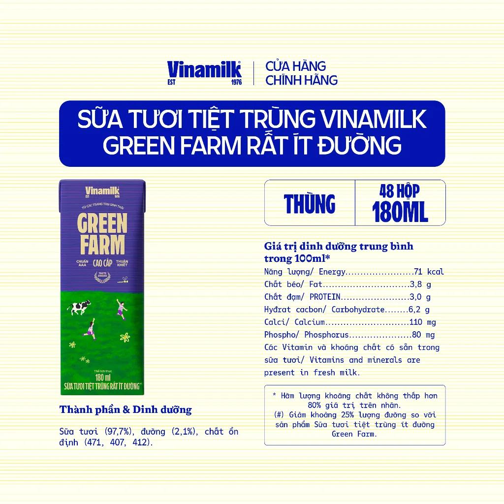 Ảnh Thùng 48 Hộp Sữa Tươi Tiệt Trùng Vinamilk Green Farm Rất ít đường - Lốc 4 Hộp 180ml 3