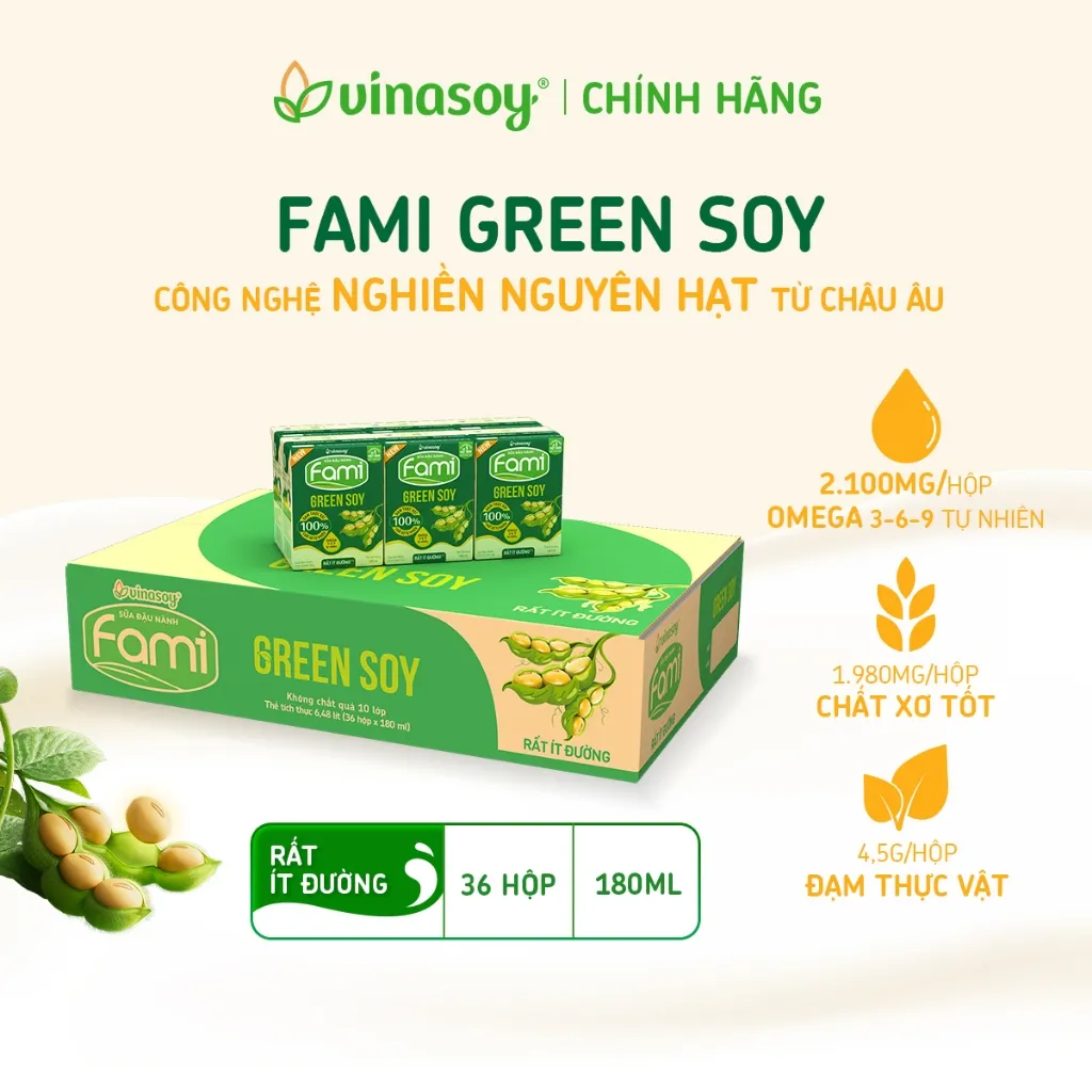 Ảnh Thùng sữa đậu nành Fami Green Soy rất ít đường (**) (36 hộp x 180ml) 1