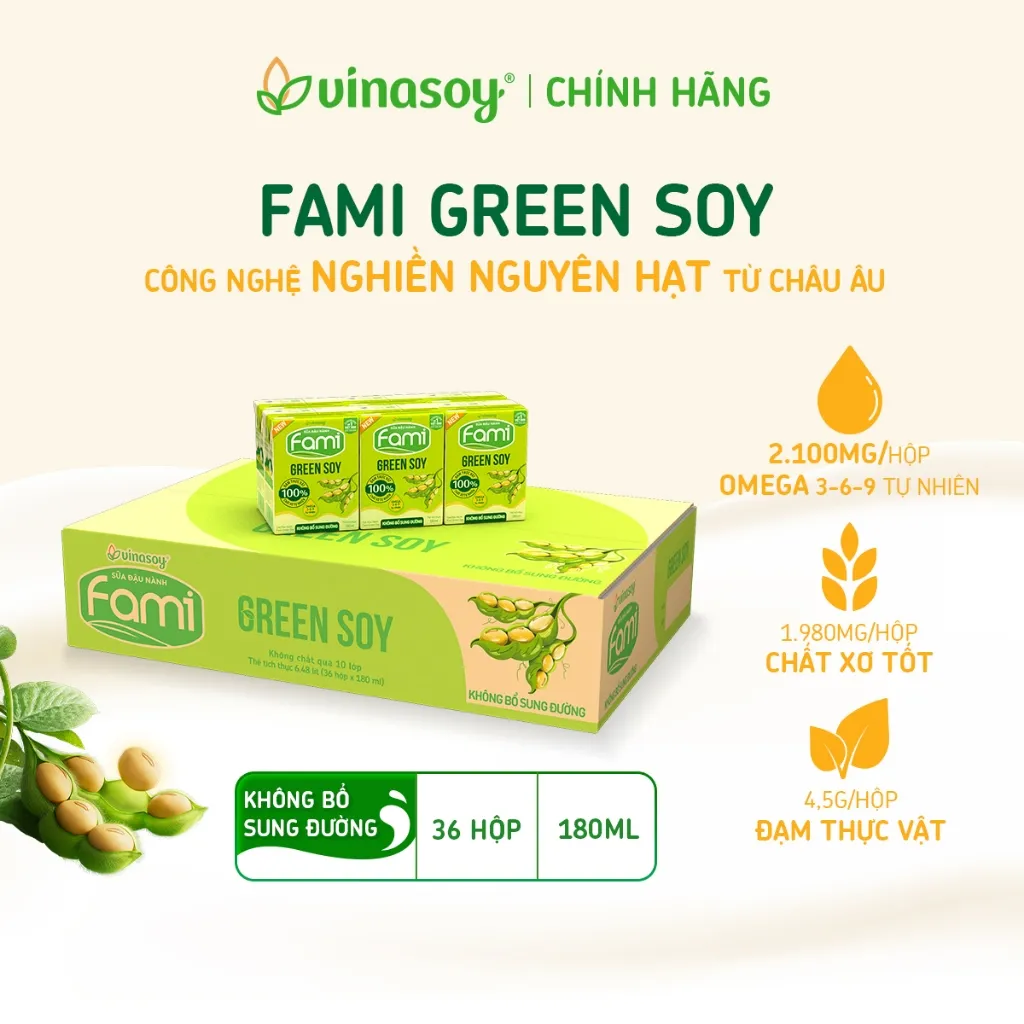 Ảnh Thùng sữa đậu nành Fami Green Soy không bổ sung đường (36 hộp x 180ml) 1
