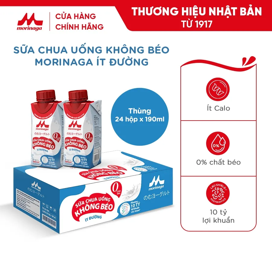 Ảnh Thùng Sữa Chua Uống Không Béo Morinaga nguyên vị  24 hộp x 190ml - Ít đường & calo, 10 tỷ lợi khuẩn - Tăng miễn dịch 1