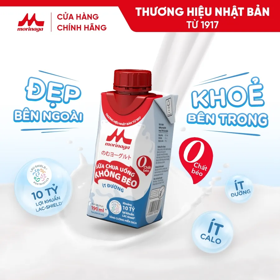 Ảnh Thùng Sữa Chua Uống Không Béo Morinaga nguyên vị  24 hộp x 190ml - Ít đường & calo, 10 tỷ lợi khuẩn - Tăng miễn dịch 3