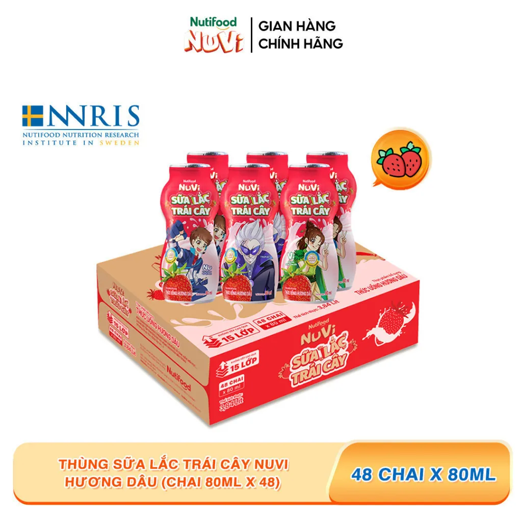 Ảnh Thùng Sữa Lắc Trái Cây NuVi Hương Dâu (Chai 80ml x 48) 1