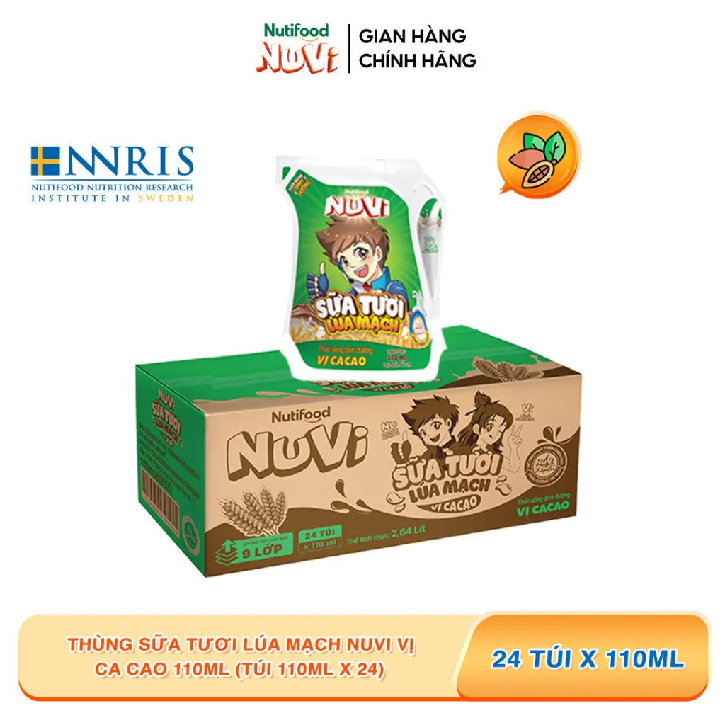 Ảnh Thùng Sữa Tươi Lúa Mạch NuVi Vị Ca Cao 110ml (Túi 110ml x 24) - Phát Triển Chiều Cao 1