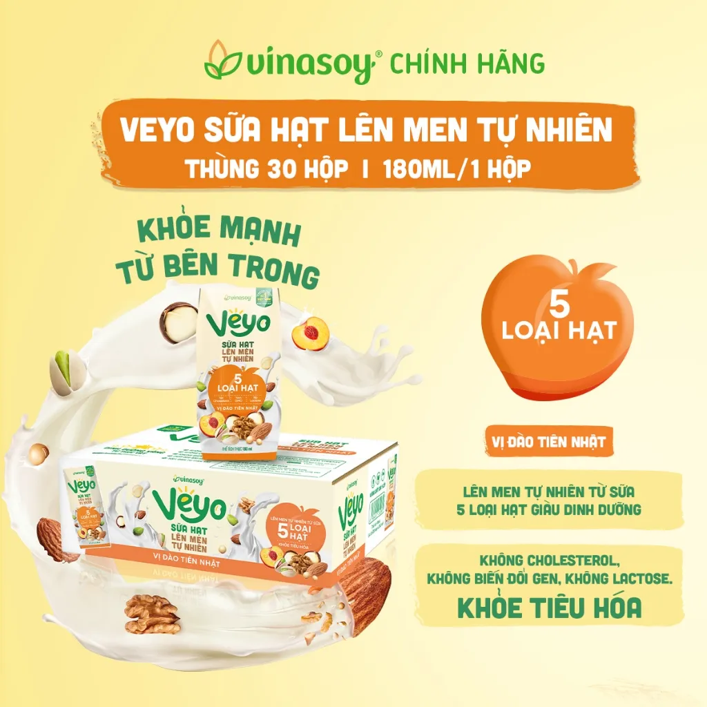 Ảnh Thùng Veyo Sữa hạt lên men tự nhiên Vị Đào Tiên Nhật (30hộp x 180ml) 1