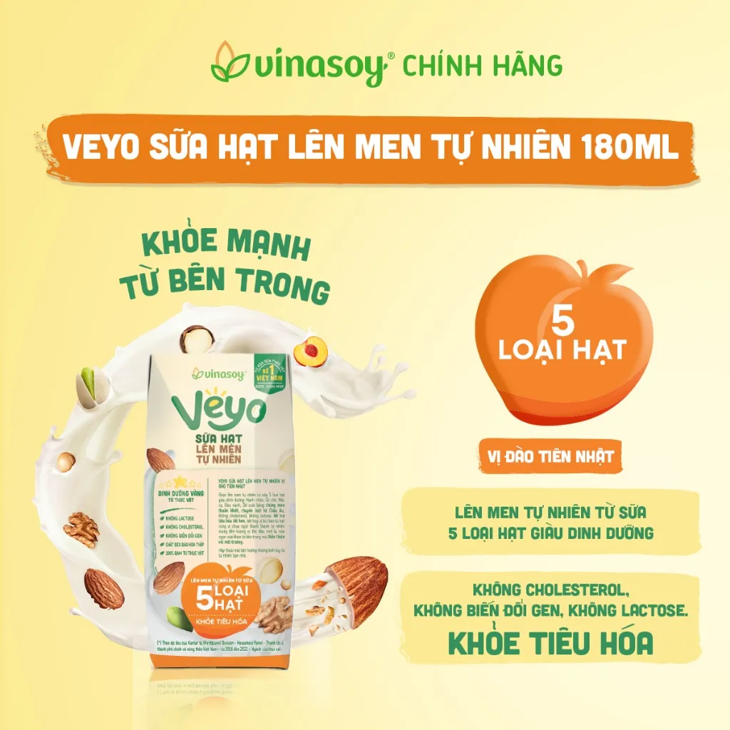 Ảnh Thùng Veyo Sữa hạt lên men tự nhiên Vị Đào Tiên Nhật (30hộp x 180ml) 3