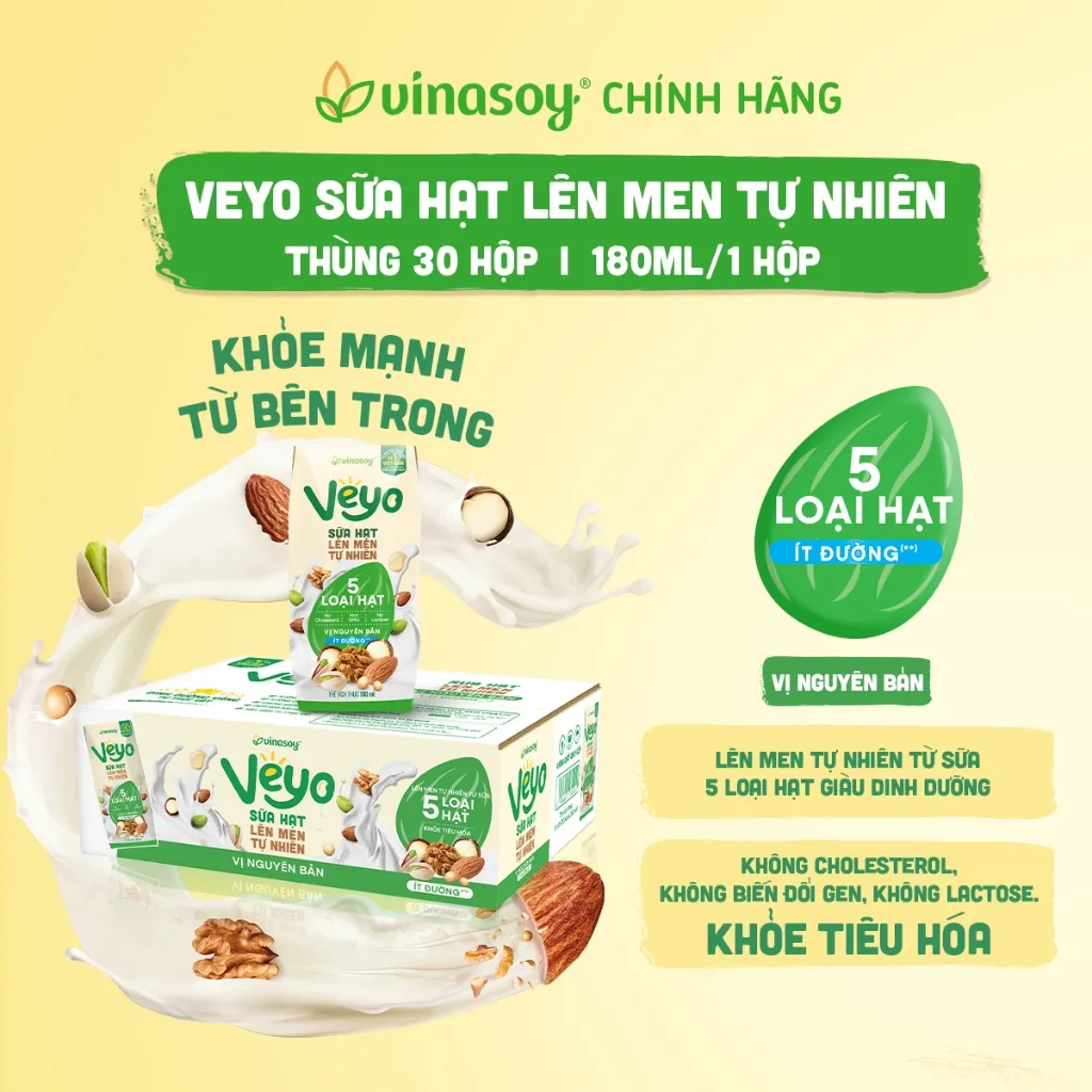Ảnh Thùng Veyo Sữa hạt lên men tự nhiên Vị Nguyên bản Ít đường (30hộp x 180ml) 1