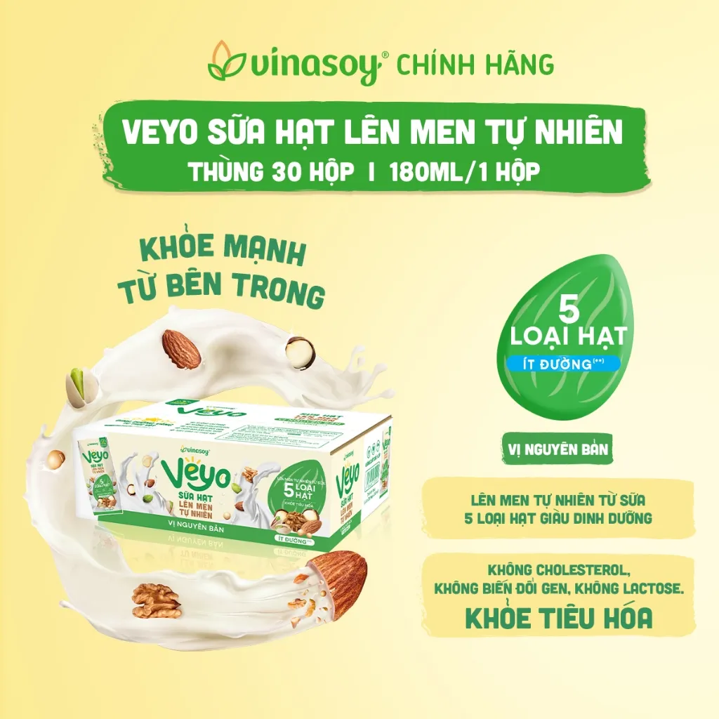 Ảnh Thùng Veyo Sữa hạt lên men tự nhiên Vị Nguyên bản Ít đường (30hộp x 180ml) 4