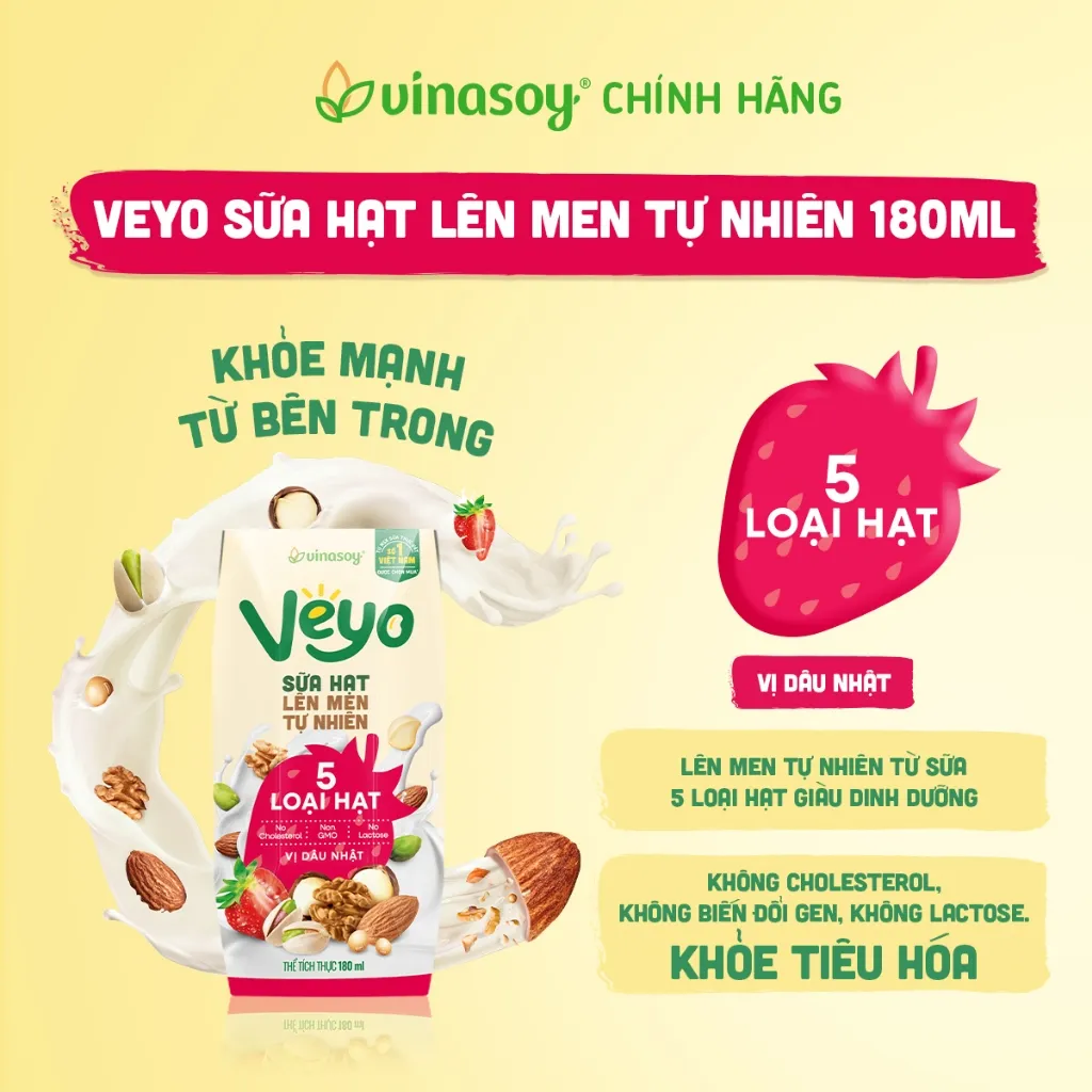 Ảnh Thùng Veyo Sữa hạt lên men tự nhiên Vị Dâu Nhật (30hộp x 180ml) 2