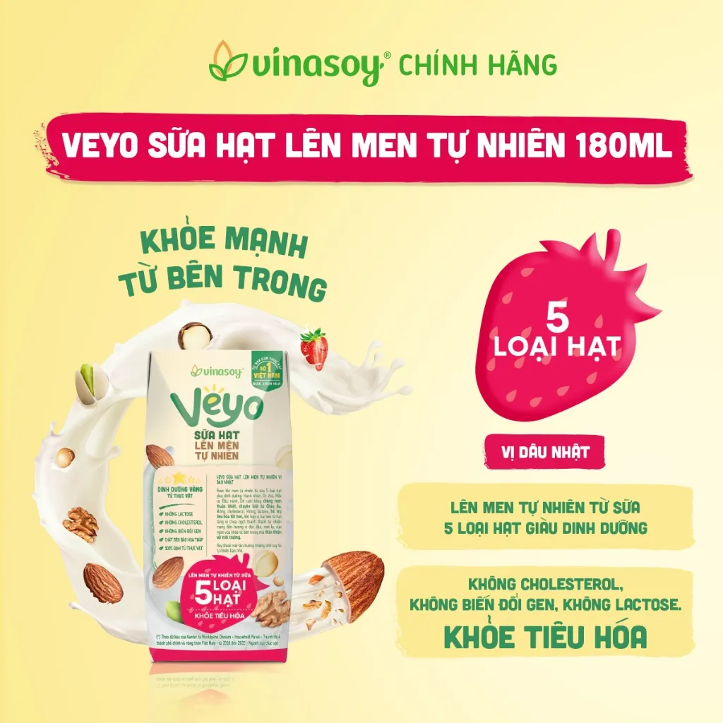 Ảnh Thùng Veyo Sữa hạt lên men tự nhiên Vị Dâu Nhật (30hộp x 180ml) 3