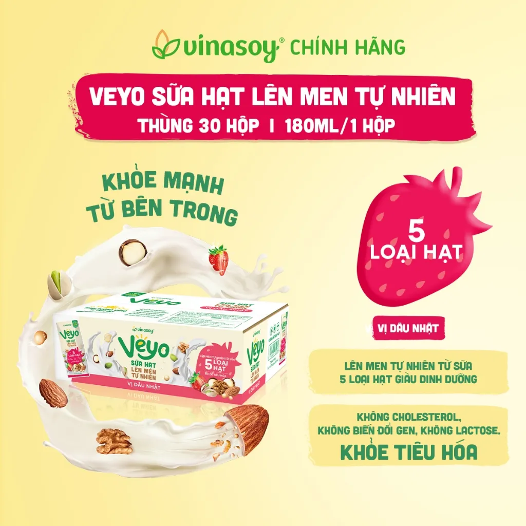 Ảnh Thùng Veyo Sữa hạt lên men tự nhiên Vị Dâu Nhật (30hộp x 180ml) 4