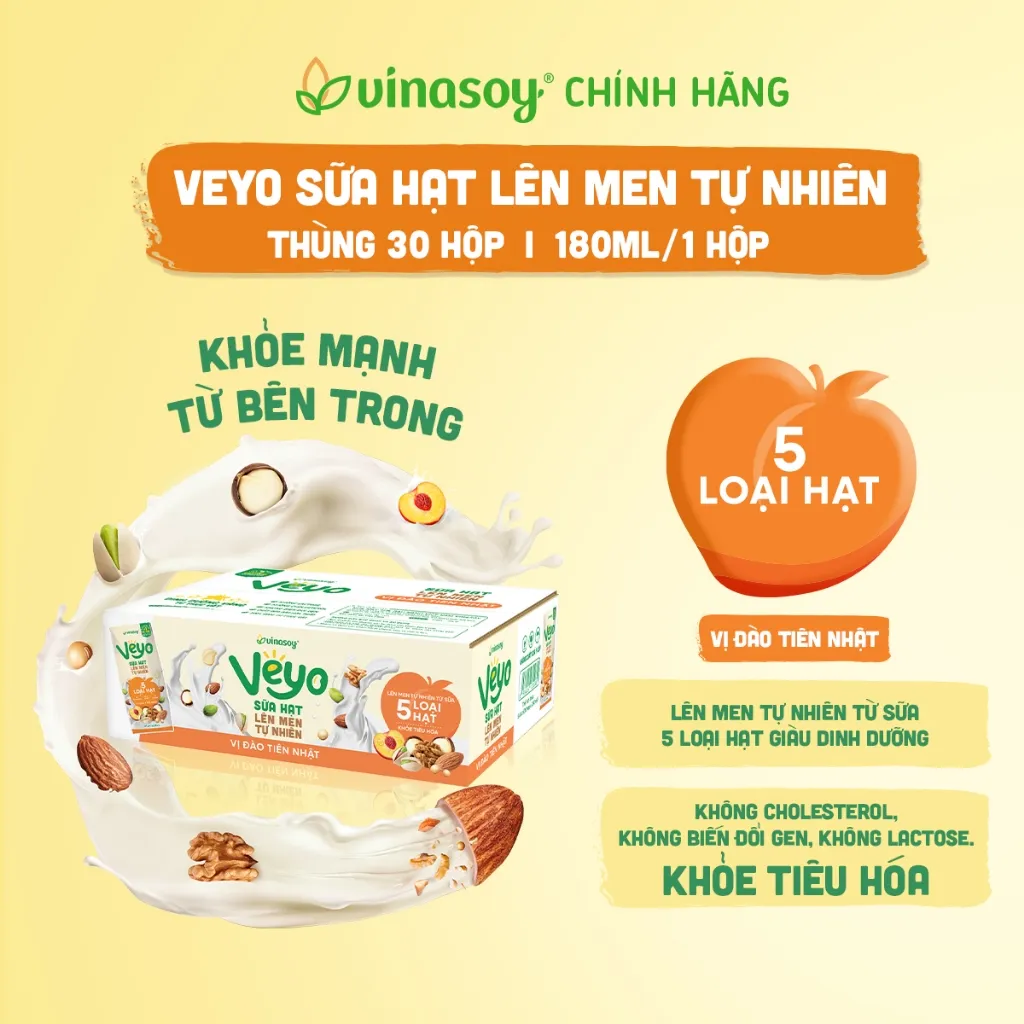 Ảnh Thùng Veyo Sữa hạt lên men tự nhiên Vị Đào Tiên Nhật (30hộp x 180ml) 4