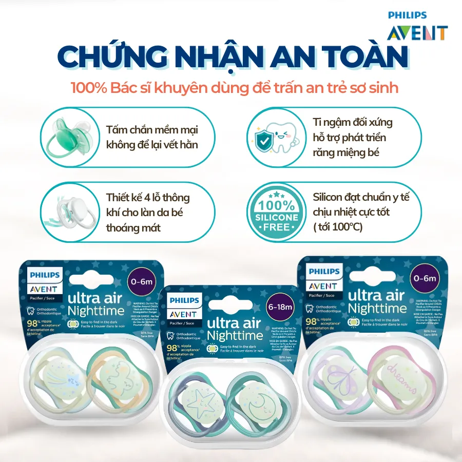 Ảnh Ti Giả Avent Ultra Air Phát Sáng 0-18 Tháng Tuổi, Núm Ty Ngậm Ban Đêm Cho Trẻ Chính Hãng 2