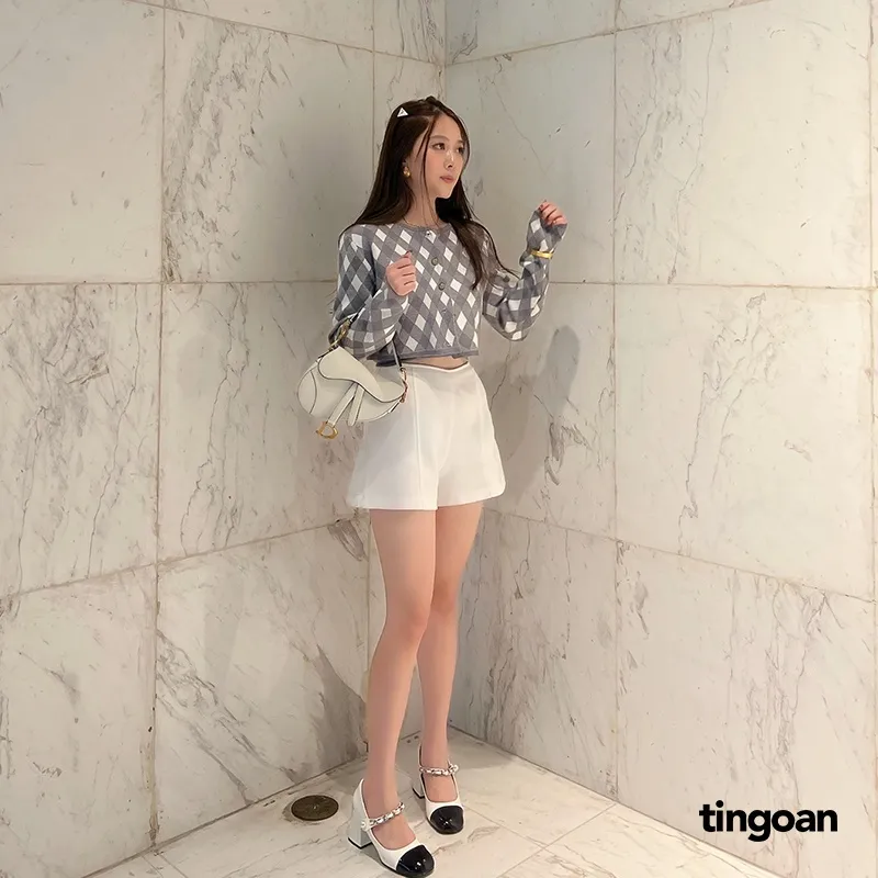 Ảnh TINGOAN®  - Áo cardigan set len xù crop kẻ quả trám có quây xám tingoan LOVE YOU BACK CARDIGAN/GR PHIÊN BẢN MỚI t6.2024 2