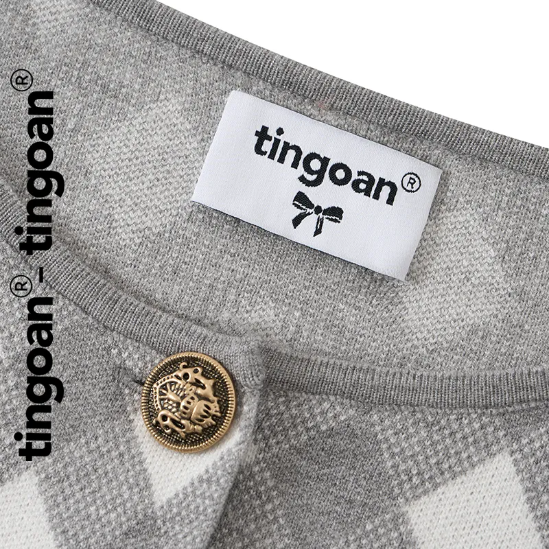 Ảnh TINGOAN®  - Áo cardigan set len xù crop kẻ quả trám có quây xám tingoan LOVE YOU BACK CARDIGAN/GR PHIÊN BẢN MỚI t6.2024 3
