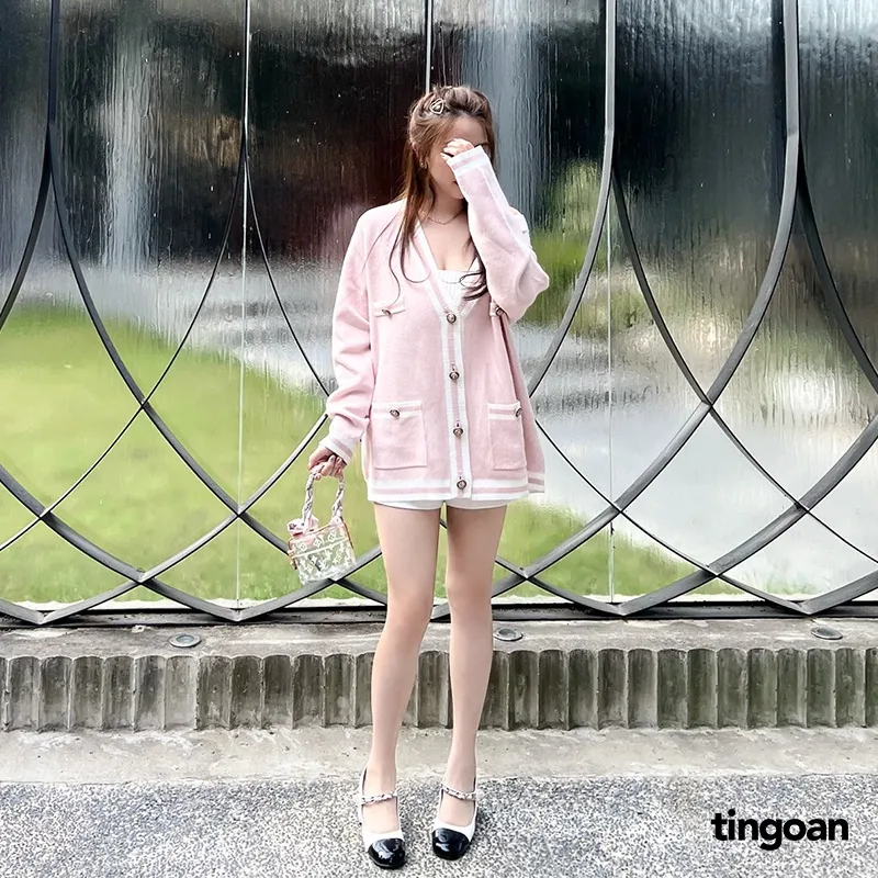 Ảnh TINGOAN® - Áo khoác cardigan len xù hồng viền trắng RAINBOW BABY CARDIGAN/PK 2