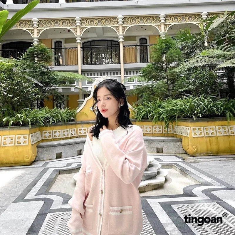 Ảnh TINGOAN® - Áo khoác cardigan len xù hồng viền trắng RAINBOW BABY CARDIGAN/PK 4