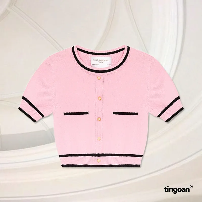 Ảnh TINGOAN® - Áo len ngắn tay viền đen chống nhăn hồng ALISSA TOP/PK 1