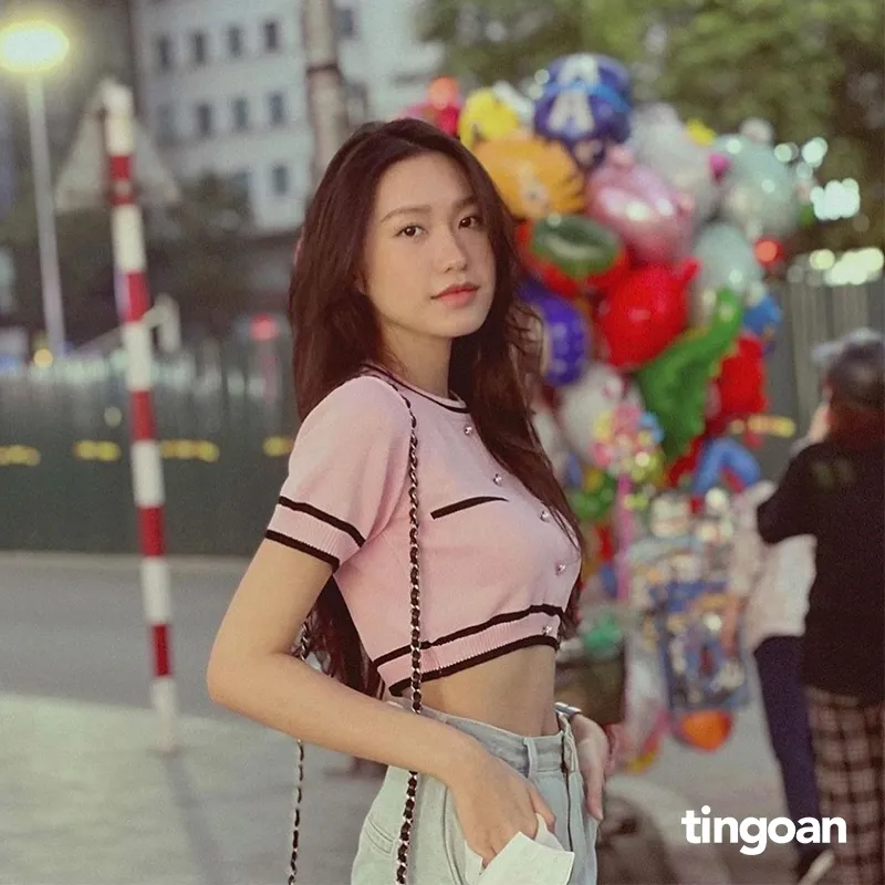 Ảnh TINGOAN® - Áo len ngắn tay viền đen chống nhăn hồng ALISSA TOP/PK 3