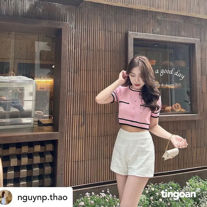 Ảnh TINGOAN® - Áo len ngắn tay viền đen chống nhăn hồng ALISSA TOP/PK 4