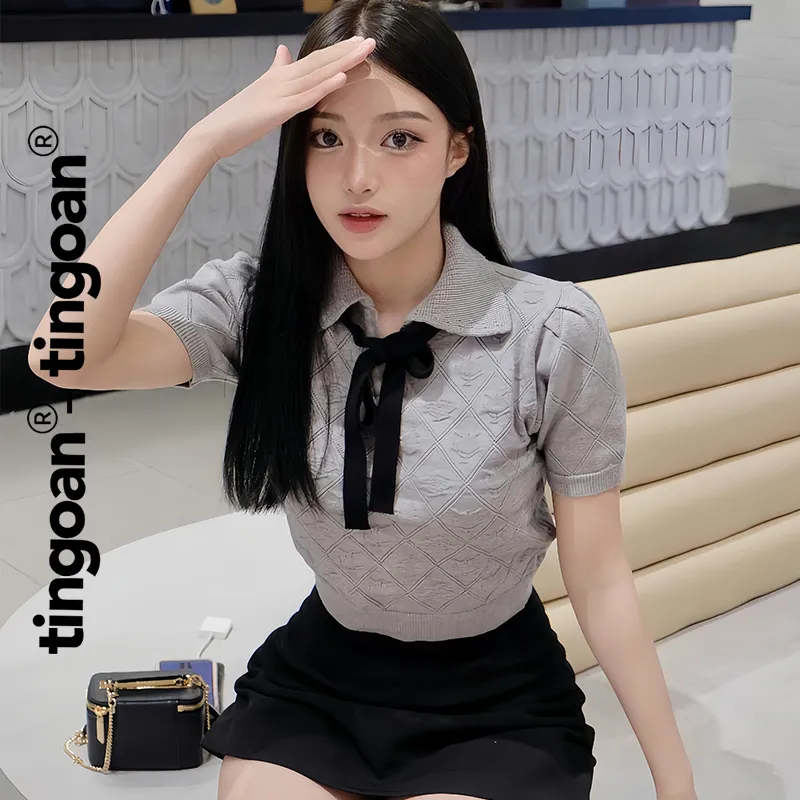 Ảnh TINGOAN® - Áo len xám crop bề mặt len hoạ tiết quả trám buộc nơ YURI YURI TOP/GR PHIÊN BẢN MỚI NHẤT T6/2024 1