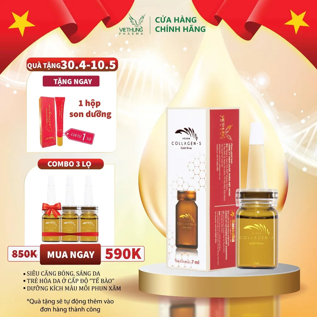 Ảnh Tinh chất collagen tươi Vieskin Collagen Gold Shine căng bóng da, làm đẹp, trẻ hoá da và chăm sóc môi sau phun xăm 7ml 1