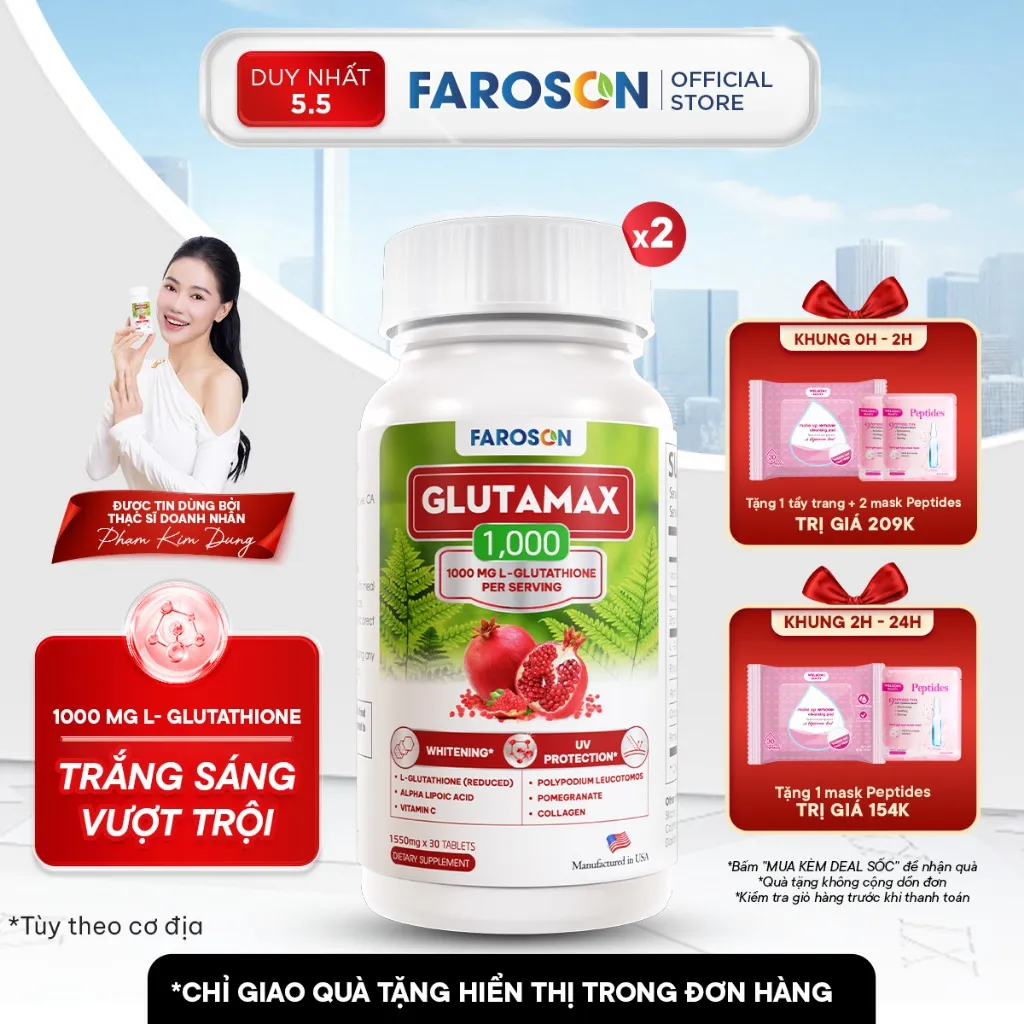 Ảnh TPBVSK Viên Uống Trắng Da Glutathione Faroson Glutamax 1000 Hỗ Trợ Sáng Da Mờ Thâm Nám Chống Nắng Hộp 30 Viên 1