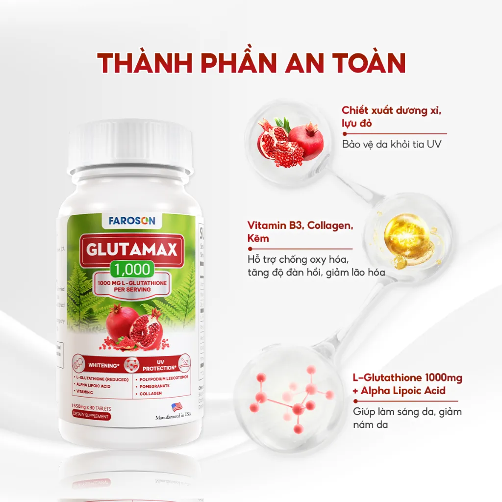 Ảnh TPBVSK Viên Uống Trắng Da Glutathione Faroson Glutamax 1000 Hỗ Trợ Sáng Da Mờ Thâm Nám Chống Nắng Hộp 30 Viên 4