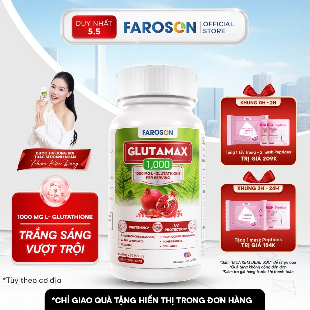 Ảnh TPBVSK Viên Uống Trắng Da Chứa Glutathione Faroson Glutamax 1000 Hỗ Trợ Sáng Da Mờ Thâm Nám Chống Nắng Hộp 30 Viên 1