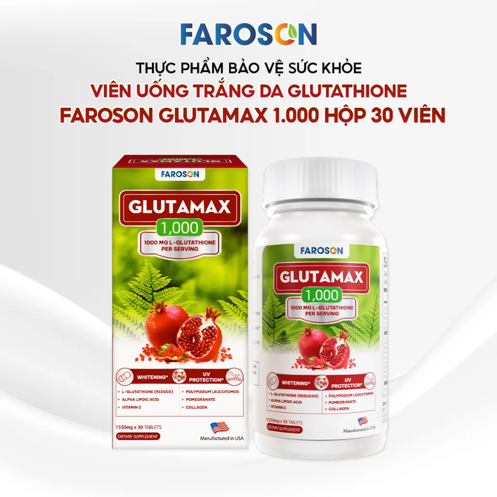 Ảnh TPBVSK Viên Uống Trắng Da Chứa Glutathione Faroson Glutamax 1000 Hỗ Trợ Sáng Da Mờ Thâm Nám Chống Nắng Hộp 30 Viên 2