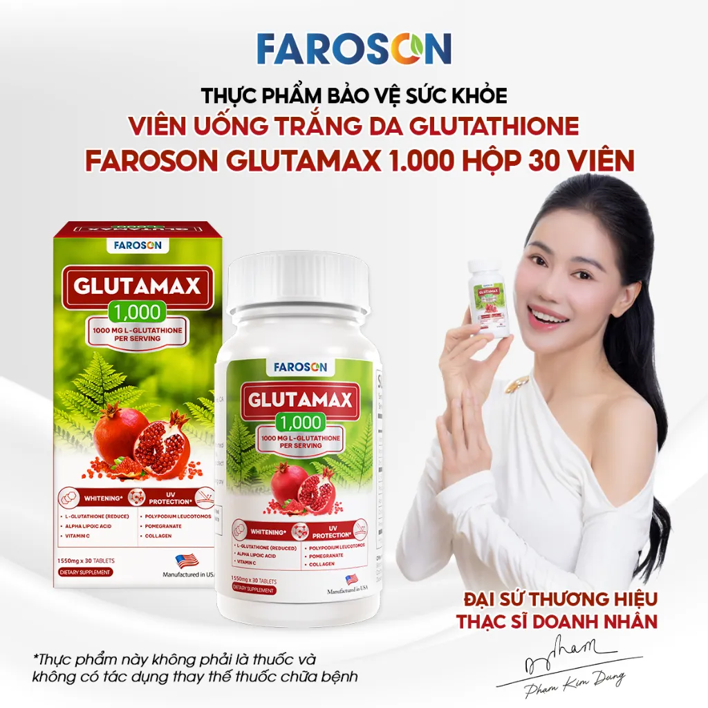 Ảnh TPBVSK Viên Uống Trắng Da Chứa Glutathione Faroson Glutamax 1000 Hỗ Trợ Sáng Da Mờ Thâm Nám Chống Nắng Hộp 30 Viên 3