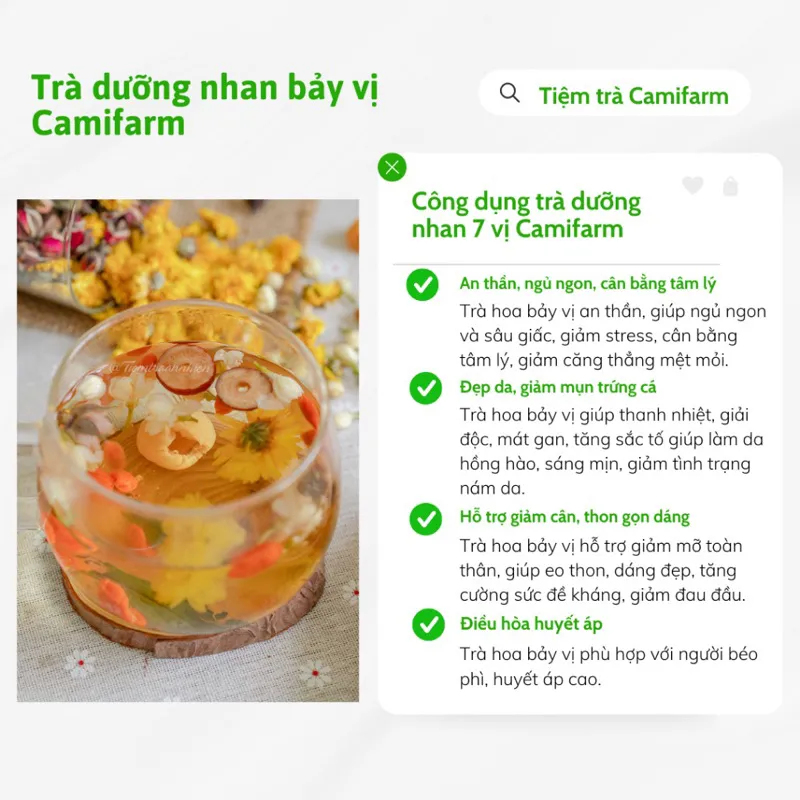 Ảnh Trà Dưỡng Nhan 7 Vị Camifarm (Gồm: Hoa Cúc; Nụ Hoa Hồng; Long Nhãn; Kỷ Tử; Táo Đỏ, Cỏ ngọt, Hoa nhài) 1