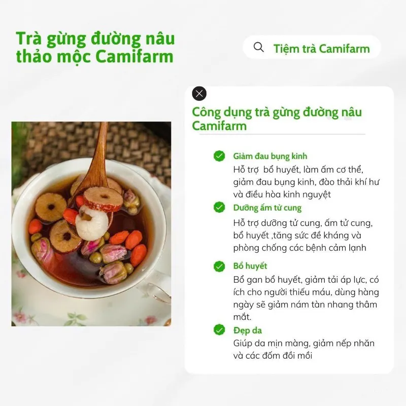 Ảnh Trà gừng đường nâu thảo mộc Camifarm, bổ máu, giữ ấm cơ thể, đẹp da, giảm đau bụng kinh, tăng huyết áp 2