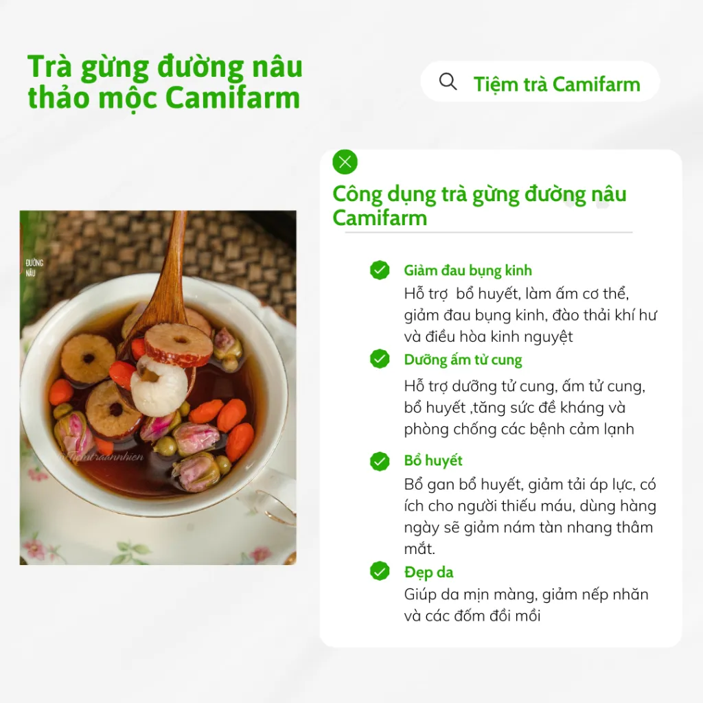 Ảnh Trà gừng đường nâu thảo mộc Camifarm (1/2 viên đường nâu, nụ hồng, táo đỏ, gừng, kỳ tử, long nhãn) hỗ trợ giảm bụng kinh 1