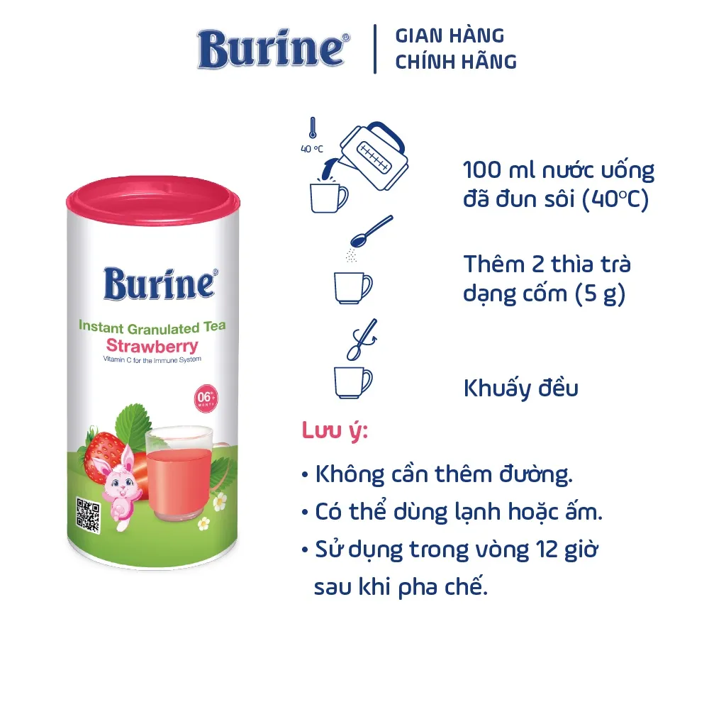 Ảnh Trà Hoa Quả Hòa Tan BURINE Vị Dâu Tây, Giúp Hỗ Trợ Giảm Viêm Nhiễm, Tăng Đề Kháng - Dành Cho Bé Từ 6 Tháng Tuổi 2