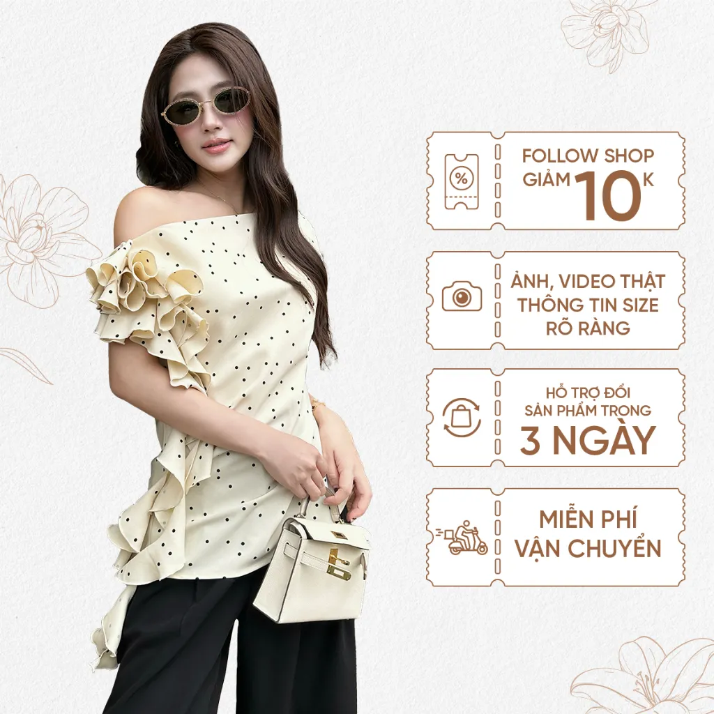 Ảnh TUBYCATU | Áo lệch vai chấm bi cream polka dot top 1