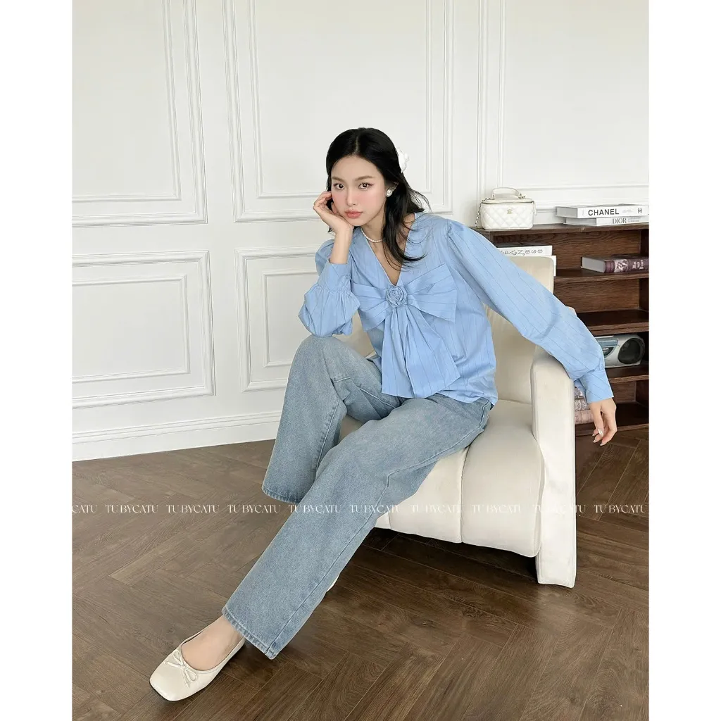 Ảnh TUBYCATU | Blue striped bowtie shirt 2