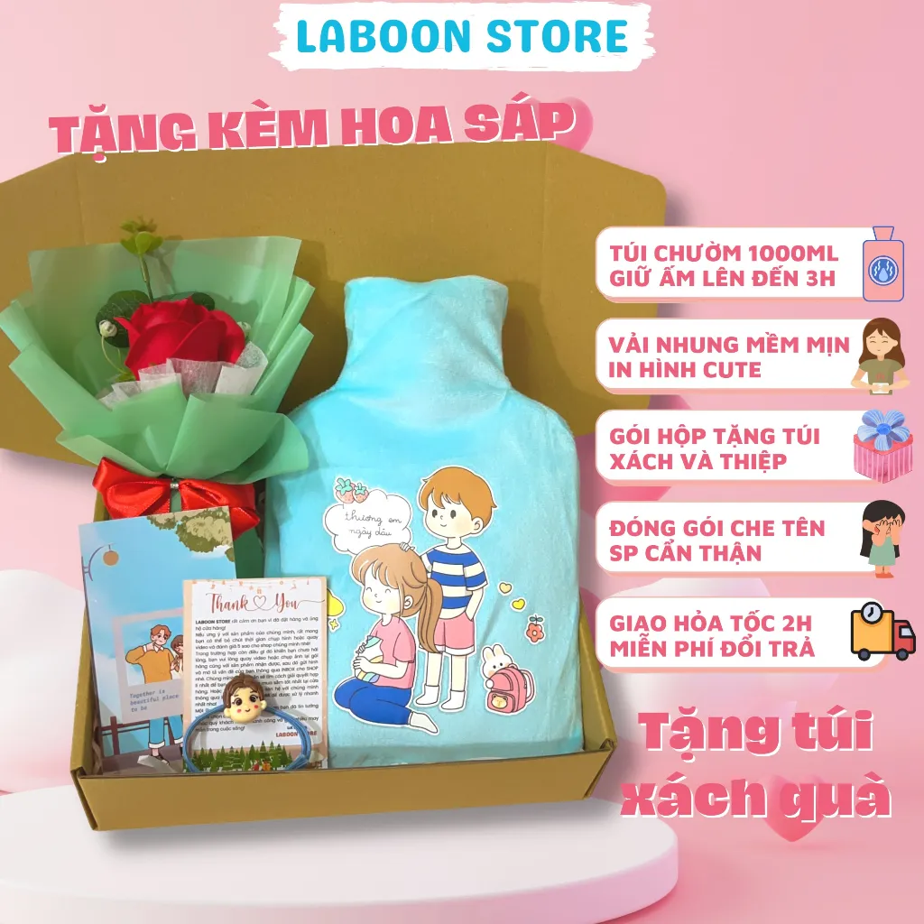 Ảnh Túi chườm ấm đa năng LABOON chất liệu cao su PVC 1000ml giữ nhiệt sưởi ấm đa năng lông nhung mềm mại 1