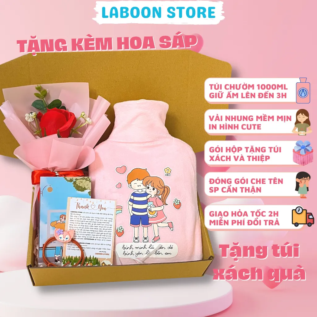 Ảnh Túi chườm ấm đa năng LABOON chất liệu cao su PVC 1000ml giữ nhiệt sưởi ấm đa năng lông nhung mềm mại 2