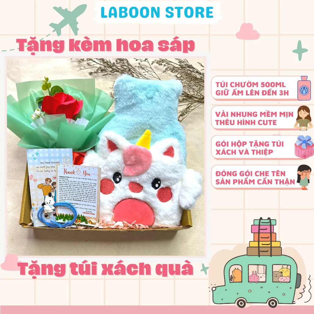Ảnh Túi chườm ấm đa năng LABOON chất liệu cao su PVC 1000ml giữ nhiệt sưởi ấm đa năng lông nhung mềm mại 4