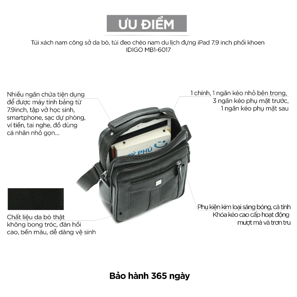 Ảnh Túi đeo chéo nam da thật phối khoen IDIGO MB1 - 6017 3