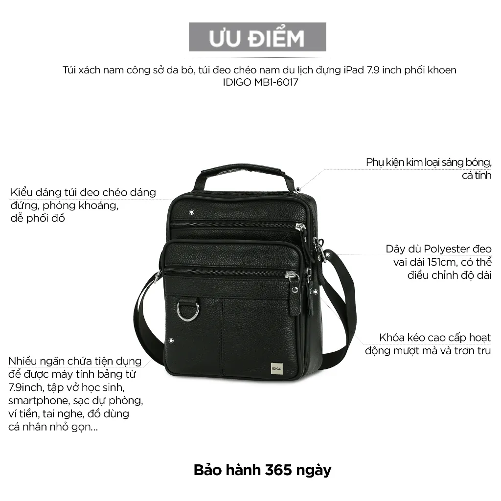 Ảnh Túi đeo chéo nam da thật phối khoen IDIGO MB1 - 6017 4