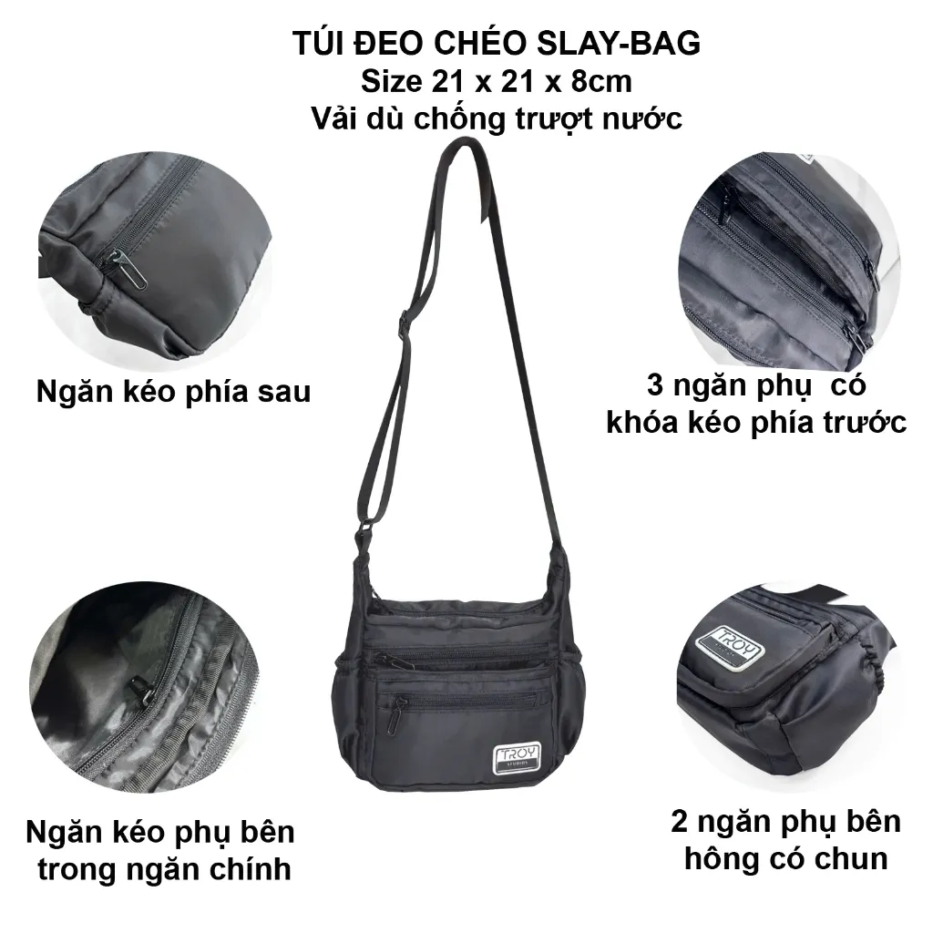 Ảnh Túi đeo chéo nhiều ngăn TROY SLAY BAG chất vải dù trượt nước, size 21 cm 3