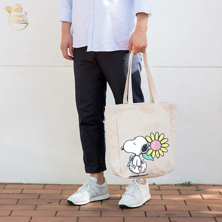 Ảnh Túi Tote Canvas GINKO Unisex Có Dây Kéo Khóa ( túi con) Phong Cách Hàn Quốc In Hình Snoopy- Hoa 4