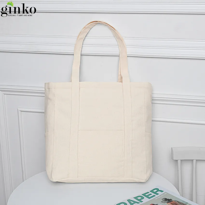 Ảnh Túi Tote Canvas GINKO Unisex Có Dây Kéo Khóa ( túi con) Phong Cách Hàn Quốc Mẫu Trơn KT36x38x15 3