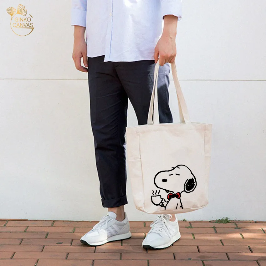 Ảnh Túi Tote Canvas GINKO Unisex Có Dây Kéo Khóa ( túi con) Phong Cách Hàn Quốc In Hình Snoopy- HM102 3