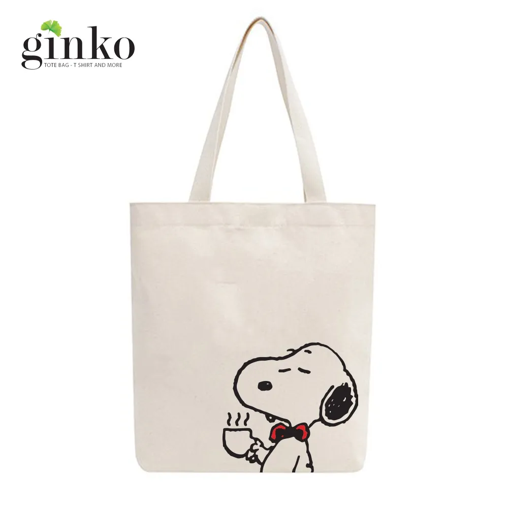 Ảnh Túi tote vải mộc GINKO có dây kéo khóa miệng túi ( túi con ) in hình Snoopy and Friends M102 2